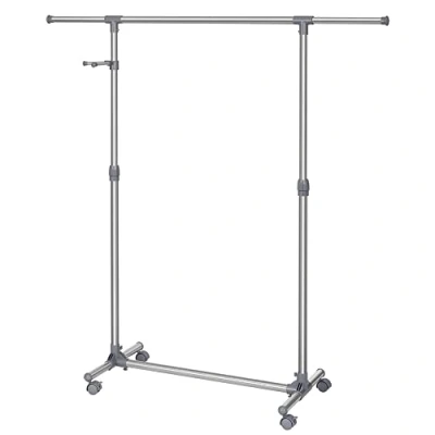 Abbildung von SONGMICS Kleiderständer, Garderobenständer auf Rollen, Rohre mit Edelstahlbeschichtung, ausziehbarer Kleiderstange, seitliche Haken für Accessoires, höhenverstellbar 97 165 cm, grau LLR01G, 150 x 44 cm
