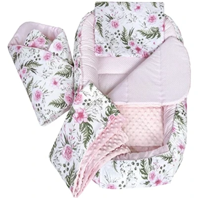 Abbildung von Medi Partners 5 teilig Babynestchen Set Babynest 100x60x15 herausnehmbarer Einsatz Bett Kuschelnest Krabbeldecke Babys Neugeborene 100% Baumwolle (Blument mit Hellrosa Minky)