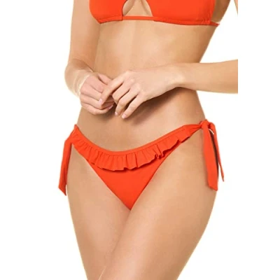 Abbildung von goldenpoint Bikini Damen Badeanzug Slip niedriger Schnitt mit Bändern und Rüschen, Farbe Orange, Größe M