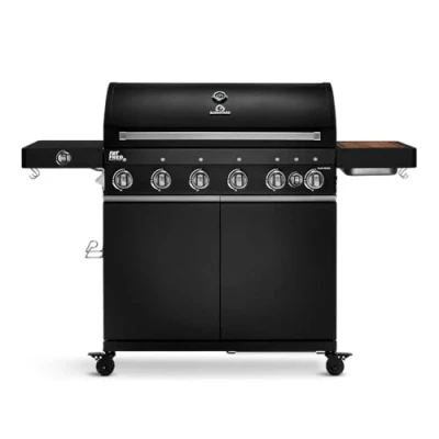 Abbildung von BURNHARD® Gasgrill Fat FRED Deluxe, 4 Edelstahlbrenner, 2 Infrarot Keramikbrenner, UV beständige Abdeckung, Gusseisen Grillroste inkl. Grillspachtel und Grillschaber, Schwarz