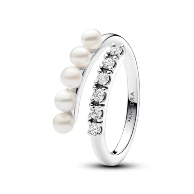 Abbildung von PANDORA Timeless Behandelte Süßwasserzuchtperlen &amp; Pavé Offener Ring aus Sterling Silber mit Zirkonia, Größe: 54, 193145C01 54