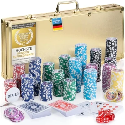 Abbildung von Profi Pokerkoffer Pokerset inkl. 300 500 schwerer 12g Metallkern Poker Chips; Pokerdeck, Kartendeck, Pokerkarten, Würfel, Dealer Button; abschließbar Alu Koffer; Casino für Zuhause (Gold, Chips)
