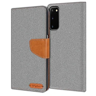 Abbildung von Verco kompatibel mit Samsung Galaxy S20 Hülle, Schutzhülle für Tasche Denim Textil Book Case Flip Klapphülle Grau
