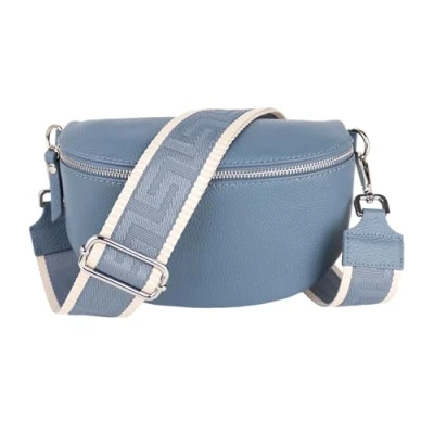 Abbildung von MIRROSI® Bauchtasche Damen, Echtleder, Made in Italy, Umhängetasche, Brusttasche, Crossbody Bag (1 Tasche &amp; 2 Gurte) (Jeansblau (Uni Jeansblau Beige), Mittelgroße (25x16x7cm))