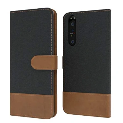 Abbildung von EAZY CASE Tasche kompatibel mit Sony Xperia 1 II Stoff Schutzhülle Standfunktion Klapphülle im Bookstyle, Handytasche Handyhülle Cover Magnetverschluss und Kartenfach, Kunstleder, Schwarz