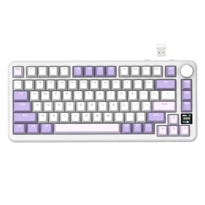 Abbildung von ATTACK SHARK X85PRO Kabellose mechanische Tastatur mit TFT Display und Knopf, 75% QMK Gaming Dichtung, 2,4 G/BT/USB C kabelgebunden, Hot Swap fähiger, 4000mAh,NKRO, RGB (Weiß Violett)
