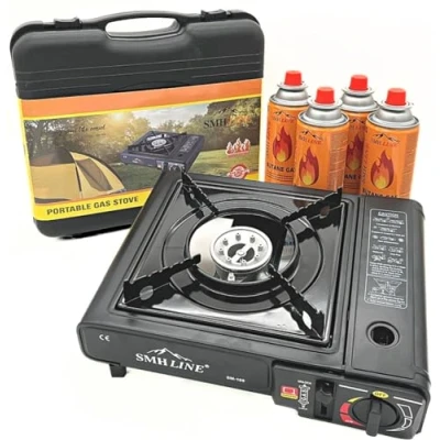 Abbildung von SMH LINE® Campingkocher Gaskocher Set inkl. 4x Gaskartuschen 227g Butan Gas Camping Herd Outdoor Tischgrill 1 flammig Piezozündung Tragekoffer