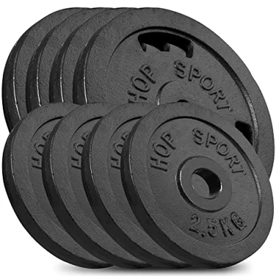 Abbildung von Hop Sport Gusseisen Hantelscheiben Set 30 kg (4 x 2.5 kg, 4 5 kg) mit 31 mm Lochdurchmesser, ideal für Standard 30mm Langhantelstangen, Robuste Gewichtsscheiben Fitness und Krafttraining
