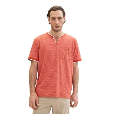 Abbildung von TOM TAILOR Herren Basic Serafino T Shirt mit Streifen, marocco orange fine stripe, M