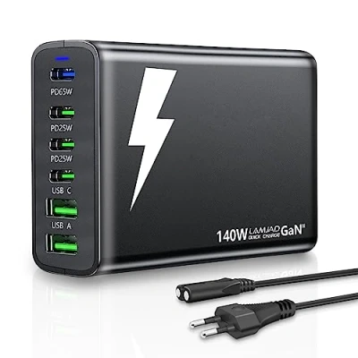 Abbildung von USB C Ladegerät,LAMJAD 140W GaN Ladegerät Mehrfach【4 + 2 A】,6 Ports Netzteil Kompatibel mit MacBook Pro/iPhone/Samsung/Google/Xiaomi/Laptop/Tablet und Anderen Geräten (Schwarz)