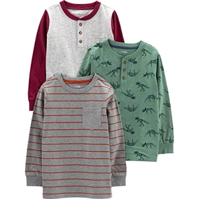 Abbildung von Simple Joys by Carter&#039;s Jungen Long Sleeve Shirts, Pack of 3 Hemd, Dunkelgrau Streifen/Fichtengrün Dinosaurier/Grau Punkte, 18 Monate (3er Pack)