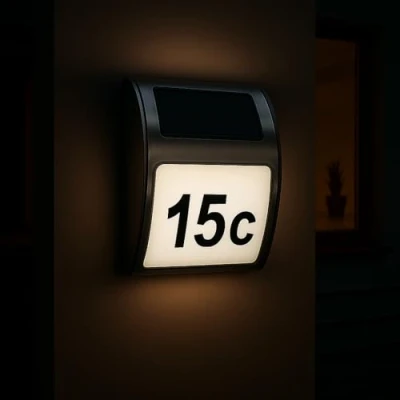 Abbildung von MeLiTec LED Außen Wandleuchte SH08 mit Nummernset, fest integriert, Solar Hausnummer Dämmerungssensor und Beleuchtung
