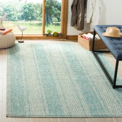 Abbildung von SAFAVIEH Zeitgenössische Teppich für Wohnzimmer, Esszimmer, Schlafzimmer Courtyard Collection, Kurzer Flor, Hellgrau und Aqua, 122 X 170 cm