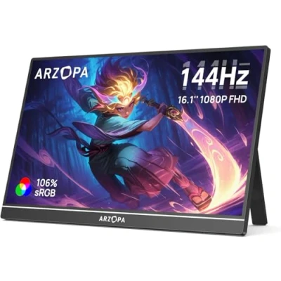 Abbildung von ARZOPA 16.1&#039;&#039; 144HZ Tragbarer Monitor mit Einem Standfuß, 100% sRGB 1920x1080P FHD HDR Gaming Monitor, Ultra dünn Augenschutz Externer Zweiter Bildschirm für Laptop/PC/Mac/PS3/4/5/Xbox Z1FC
