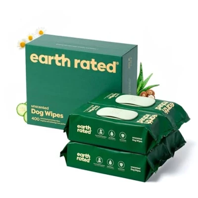 Abbildung von Earth Rated Feuchttücher für Hunde, Dicke Pflegetücher auf pflanzlicher Basis zur einfachen Anwendung an Pfoten, Körper und Hintern, unparfümiert, 400 Stück