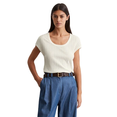 Abbildung von Marc O&#039;Polo Pointelle SLIM Tshirt print, Damen, Größe: Large, White cotton