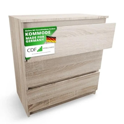 Abbildung von CDF Kommode Malwa M3 Farbe: Eiche Sonoma Schrank für Dokumente, Kleinigkeiten Ideal Wohnzimmer, Schlafzimmer, Kinderzimmer, Jugendzimmer und Büro 3 geräumige Schubladen Nachttisch