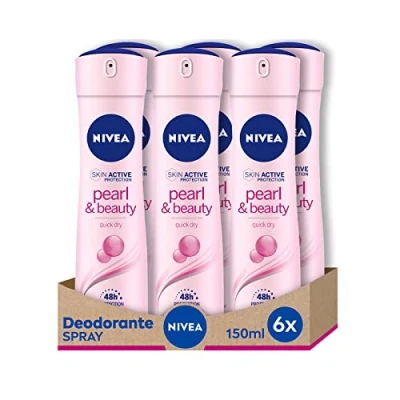 Abbildung von NIVEA Pearl &amp; Beauty Deo Spray im 6er Pack (6 x 150 ml) Damendufterfrischer mit Perlen Extrakten für strahlende und weiche Haut, Anti Transpirant 48h