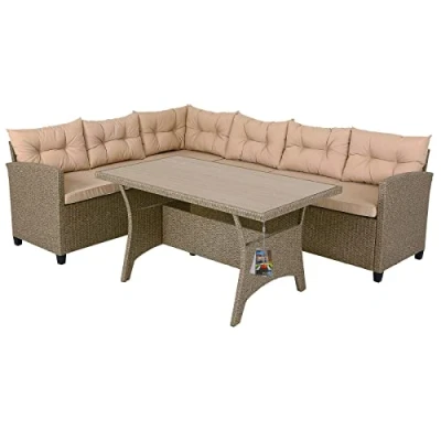 Abbildung von Casaria Gartenlounge Set Lissabon, Polyrattan WPC Esstisch Eckbank 15cm Kissen 7cm Auflagen Wetterfest