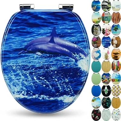 Abbildung von Sanfino WC Sitz „Dolphin“ Premium Toilettendeckel mit Absenkautomatik aus Holz, viele bunte Motive, hoher Sitzkomfort, einfache Montage