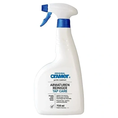 Abbildung von Cramer Armaturen Reiniger 750 ml gegen Kalk und Schmutz auch für schwarze Whirlpool Düsen besonders schonender wirkungsvoller Spezialreiniger brillante Metall Oberflächen