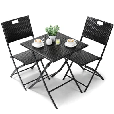 Abbildung von LIFERUN Balkonmöbel Set Bistro, Rattan Set, Bistro Gartenmöbel 3 teilige, Klappbar Balkontisch mit 2 Stühle, Schwarze Balkon Klappbar, Sitzgruppe