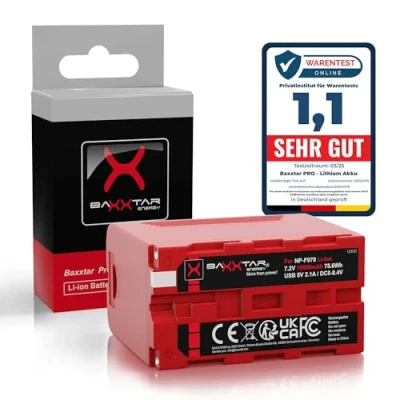 Abbildung von BAXXTAR PRO Akku NP F970 Plus (Black Series 10500mAh) LG Cells Inside mit Powerbank Funktion (USB Ausgang) und Battery Check DC Ausgang (5.0 8.4V / 5.5mm Standard)