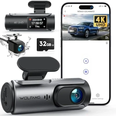 Abbildung von WOLFANG Dashcam Auto Vorne Hinten 4K/2,5K WiFi Dash Cam mit 32GB SD Karte, Ultra Nachtsicht, 170Weitwinkel, WDR, 24 Std. Parkmodus, G Sensor, Loop Aufnahme