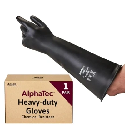 Abbildung von Ansell AlphaTec 87 104 Chemikalienschutz Handschuhe aus Latex, Wiederverwendbare Chemie für Industrie, Lebensmittel Geeignet, Gummi Arbeitshandschuhe, Schwarz, Größe 9.5 (1 Paar)