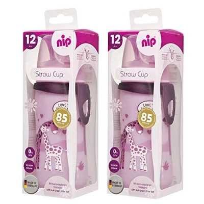 Abbildung von Doppelpack NIP Trinkhalm Flasche Straw Cup mit auslaufsicherem Strohhalm ab 12 Monate + 330 ml BPA frei, 2 Stk. made in Germany, Rosa