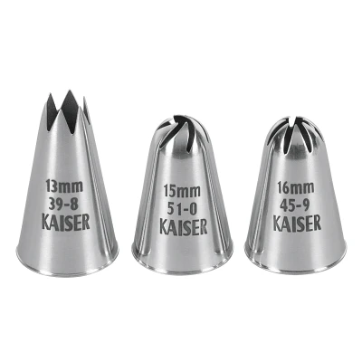 Abbildung von Original Kaiser Inspiration Tüllen Set 3 teilig, Spritztüllen, Sterntülle, Sterntülle geschlossen, Rosettentülle, Edelstahl rostfrei, falz und randfrei