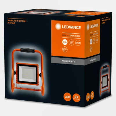 Abbildung von LEDVANCE Worklight LED Akku 110 Baustrahler 10W mit 4 Std. Akkulaufzeit, 2400 Lumen, 4000 K kaltweiß, IP 44 Spritzwasserschutz, schwenkbarem Leuchtenkopf, als Innen und Außenlampe, 30W