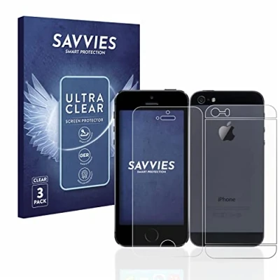 Abbildung von Savvies 6 Stück Schutzfolie für Apple iPhone 5 / 5S 5C SE 2016 (Vorder + Rückseite) Displayschutz Folie Ultra Transparent
