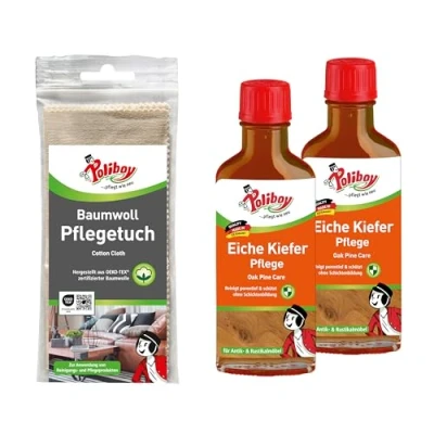 Abbildung von poliboy 99A3301, Eiche Kiefer Pflege 2x100 ml mit Baumwolltuch Holzreiniger (Spezialpflege für groß und offenporige Hölzer Made in Germany)