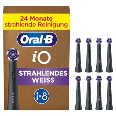 Abbildung von Oral B iO Strahlendes Weiss, Original Aufsteckbürsten für elektrische Zahnbürsten, Zahnaufhellung, Schwarz, 8 Stück