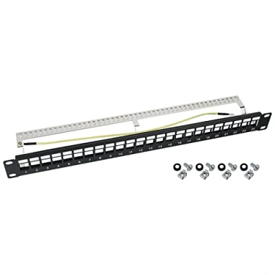 Abbildung von HMF 66446 02 STP Keystone Patchpanel für Serverschrank 19 Zoll 1 HE 24 Ports RJ45 Geschirmt Schwarz