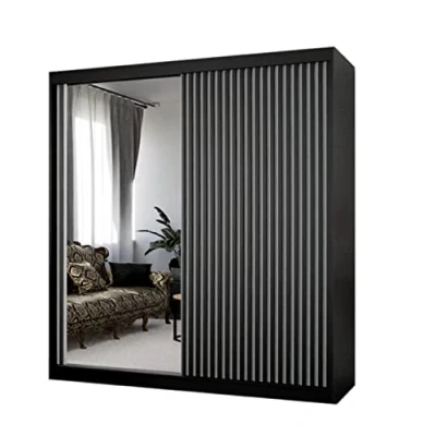 Abbildung von MargaretHadas24 Kleiderschrank Lili mit Lamellen und Spiegel inklusive 2 Schiebetüren Schwebetürenschrank Kleiderstange Garderobe Schrank (schwarz, weiß, Lamelle schwarz, Spiegel, 200 cm)