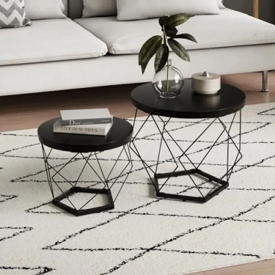 Abbildung von Home Collective Couchtisch, Wohnzimmertisch, Tisch 2er Set mit Metallgestell und runder Platte Beistelltisch modern 50x44 &amp; 40x37 cm (BxH) Schwarz