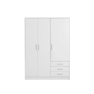 Abbildung von FORTE Jupiter Schrank 140 150, weißer Kleiderschrank, Drehtürenschrank, 3 türig, mit Schubladen und Einlegeböden, Weiß matt, 145 cm breit x 60 tief 200 hoch