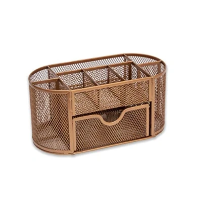 Abbildung von OSCO Rosegold Wiremesh Organizer mit Schublade Schreibtisch Stifthalter Büroaufbewahrung Bleistiftaufbewahrung 8 Fächer Schreibwaren Caddy H10,5 x B22 T11 cm