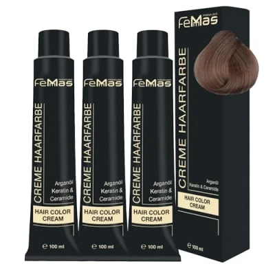 Abbildung von FemMas Haarfarbe 3x Asch Sand 8.13 I Professionelle Creme mit Arganöl, Keratin &amp; Ceramiden Als dauerhafte Haarfärbung oder Tönung für strahlende, haltbare Farbergebnisse 100 ml