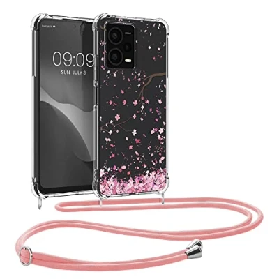 Abbildung von kwmobile Necklace Case kompatibel mit Xiaomi Redmi Note 12 Pro+ 5G / Pro Plus Hülle Silikon Cover Handykette Rosa Dunkelbraun Transparent Kirschblütenblätter