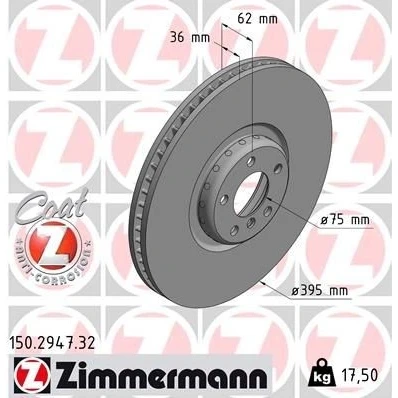 Abbildung von ZIMMERMANN 150.2947.32 Bremsscheibe 395 36 6/5 5 120 innenbelüftet, Verbundbremsscheibe beschichtet hochgekohlt BMW: X5, X6