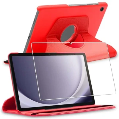 Abbildung von ebestStar Hülle für Samsung Galaxy Tab A9+ SM X210 (2023), Drehbar Schutzhülle, PU Lederhülle, Rotierende Ständer Etui, Rotating Case Cover, Rot + Panzer Schutz Glas