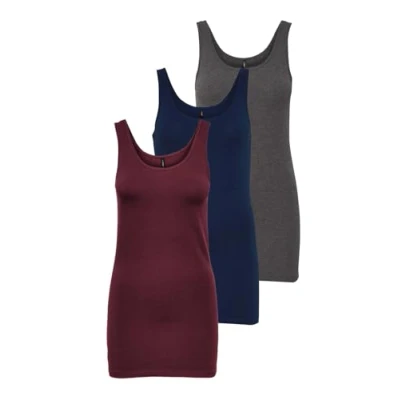 Abbildung von ONLY Damen Onllive Love Long Tank Top 3er Pack für Frauen, Dark Grey Melange/Pageant Blue/Port Royale, M