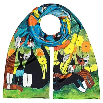 Abbildung von VON LILIENFELD Schal Damen 100% Seide Rosina Wachtmeister: All Together Katzen Kunst Motiv Halstuch Seidenschal Seidentuch Kanten handgerollt 172 x 42 cm