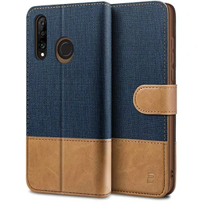 Abbildung von BEZ Handyhülle für Huawei P30 Lite Hülle, Tasche Kompatibel Lite, Schutzhüllen aus Klappetui mit Kreditkartenhaltern, Ständer, Magnetverschluss, Blaue Marine
