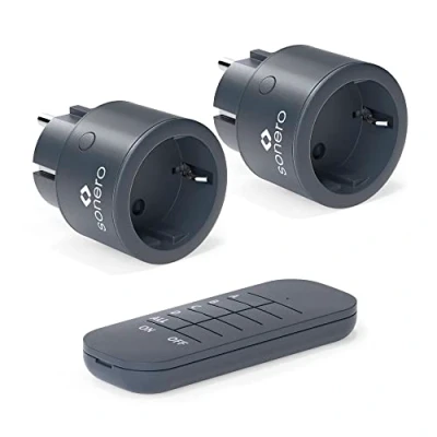 Abbildung von Sonero Set mit 2300 Watt Funksteckdosen 2 x Fernbedienungssteckdose 1 Fernbedienung CR2032 Batterie, 3 V DC, anthrazit, S RCS112, 2er