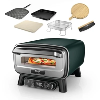 Abbildung von Ninja Artisan Outdoor Pizzaofen und Heißluftfritteuse, 4 Funktionen, Servierbrett, Pizza Wiegemesser, 30 cm Pizzastein, Pizzaschale, Backblech Heißluft Fritteusen Korb, Grün MO201AMZEU