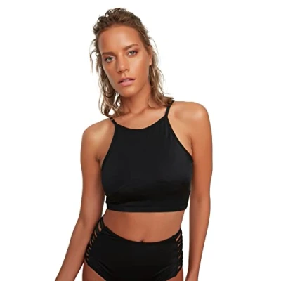 Abbildung von TRENDYOL Damen Halfter kragen Zurück Detaillierter Bikini top Top, Schwarz, 40 EU